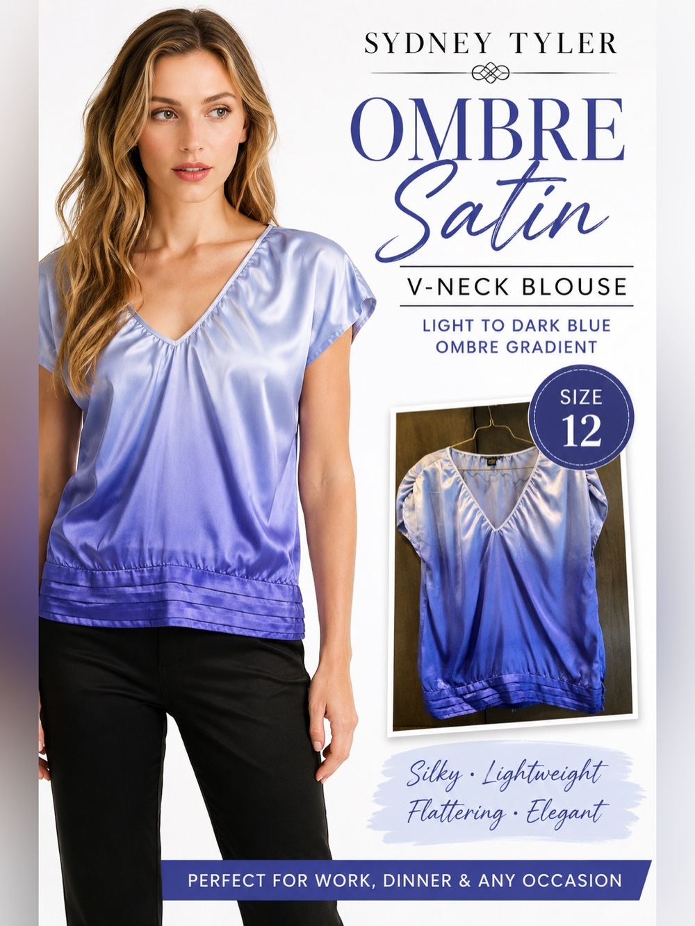 Sydney Tyler Blue Ombre Satin Blouse Size 12 V-Neck Pleated Hem
